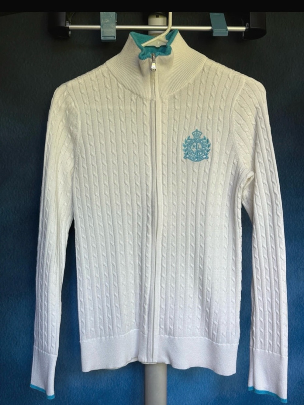 Ralph Lauren! White Cable-Knit Zip Cardigan with Light Blue Crest